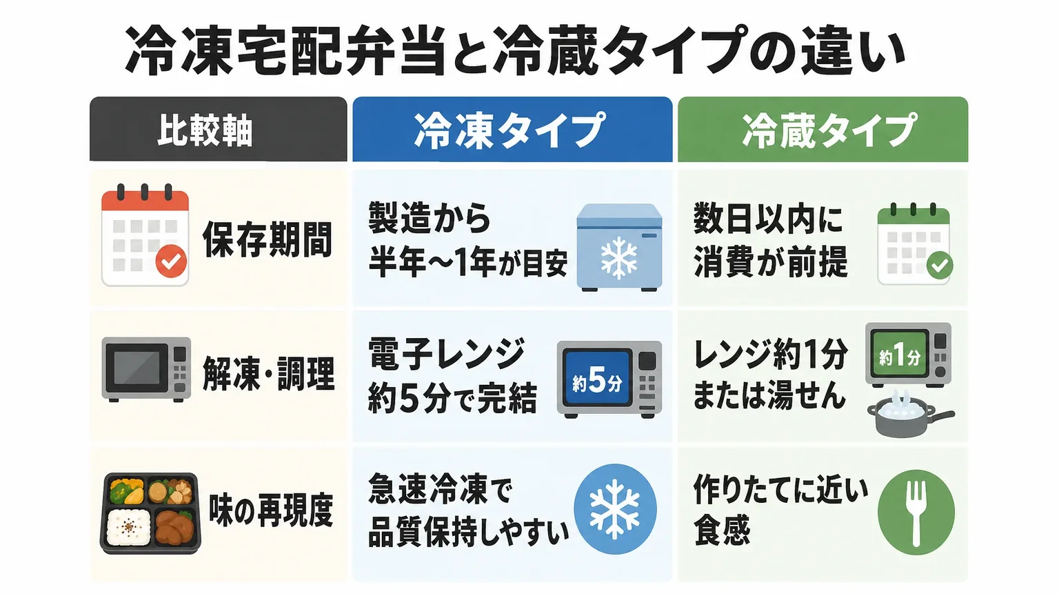冷凍宅配弁当と冷蔵タイプの違い: 保存期間 / 解凍方法 / 味の再現度