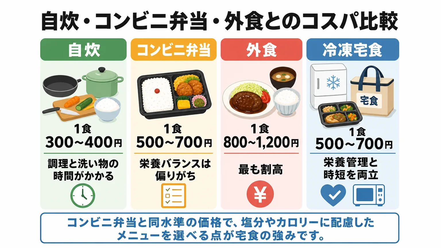 自炊・コンビニ弁当・外食とのコスパ比較