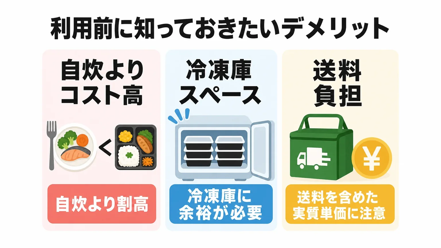 利用前に知っておきたいデメリット: 自炊よりコスト高 / 冷凍庫スペース / 送料負担